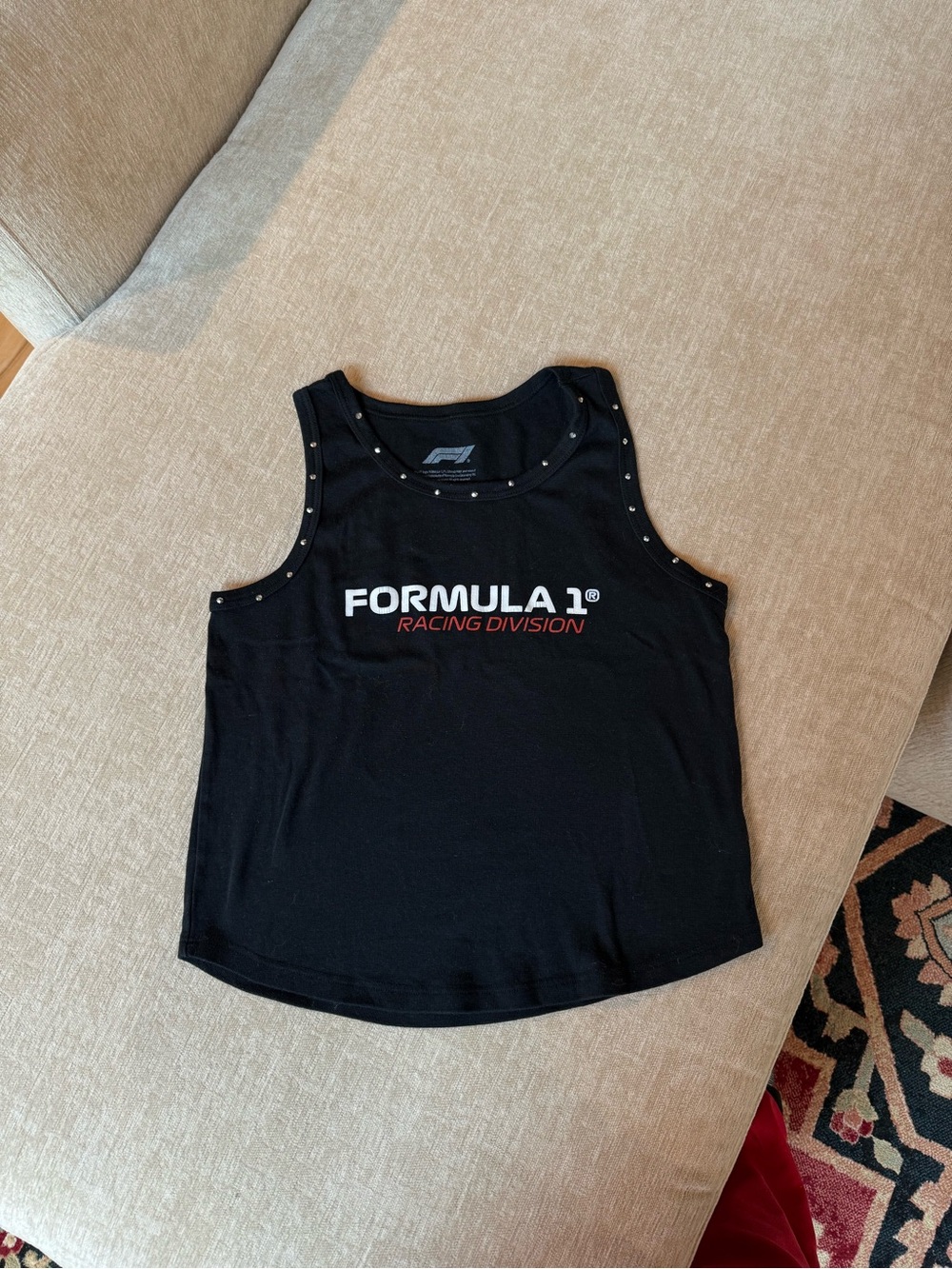 Black Formula 1 Studded Tank Top with White and Red Logo
